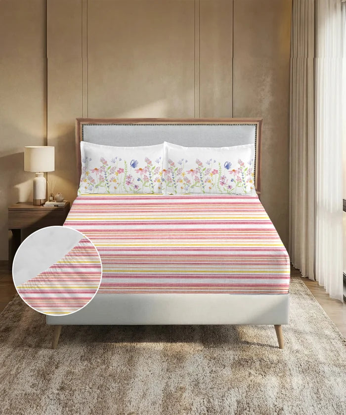 Soft Comfort King Fitted Bedsheet Set, Bloom Era |200TC Cotton|2 Pillow Covers