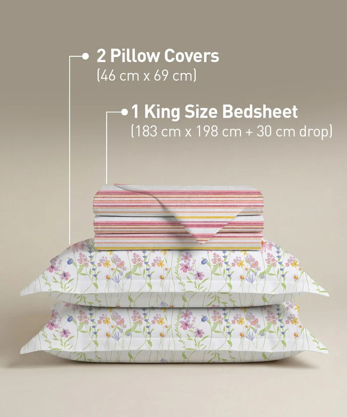 Soft Comfort King Fitted Bedsheet Set, Bloom Era |200TC Cotton|2 Pillow Covers
