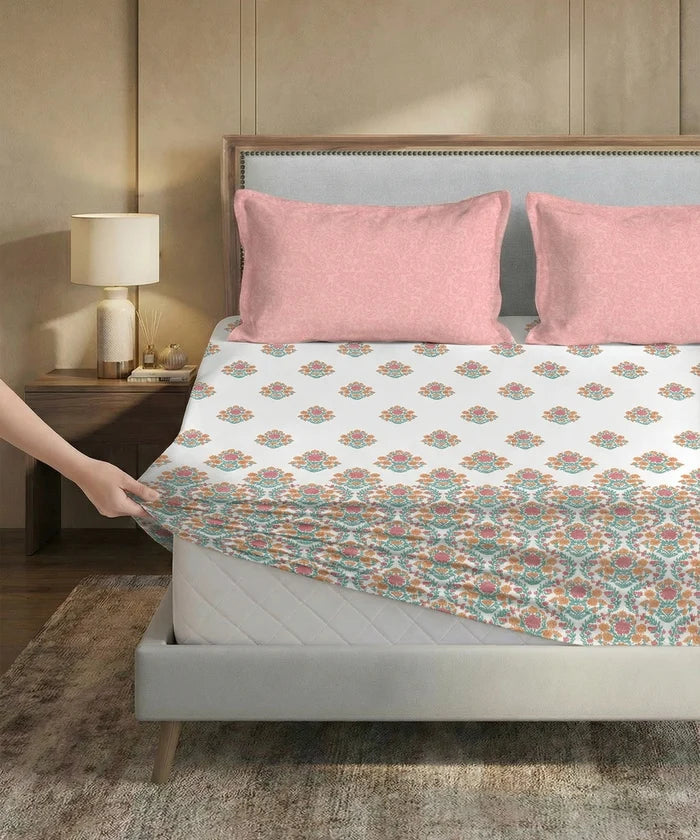 Soft Comfort King Fitted Bedsheet Set, Cascade |200TC Cotton|2 Pillow Covers