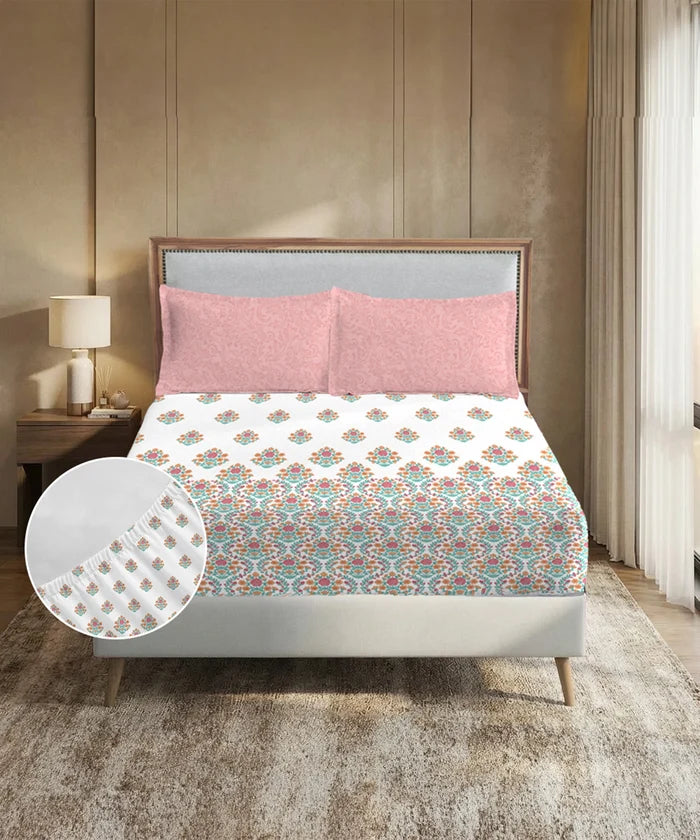 Soft Comfort King Fitted Bedsheet Set, Cascade |200TC Cotton|2 Pillow Covers