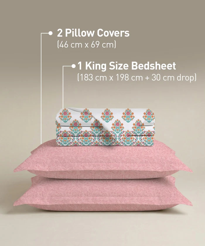 Soft Comfort King Fitted Bedsheet Set, Cascade |200TC Cotton|2 Pillow Covers