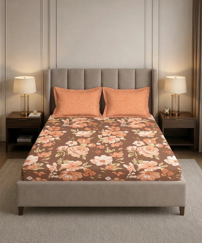 Soft Comfort King Fitted Bedsheet Set, CHARLOTTE |180 TC Cotton|2 Pillow Covers