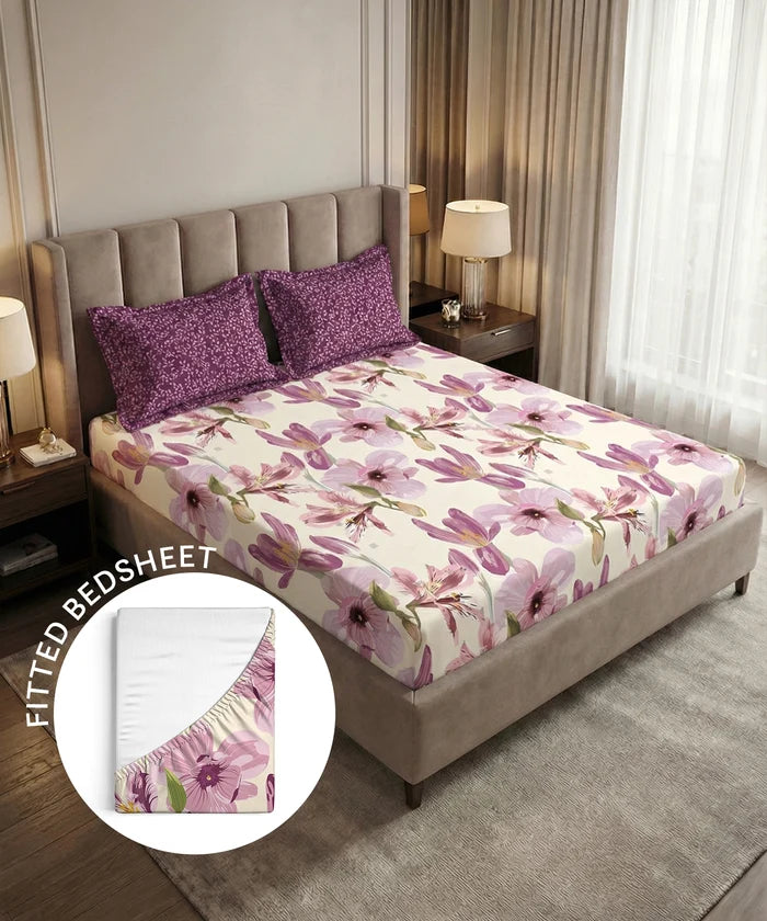 Soft Comfort King Fitted Bedsheet Set, DAHLIA |180 TC Cotton|2 Pillow Covers