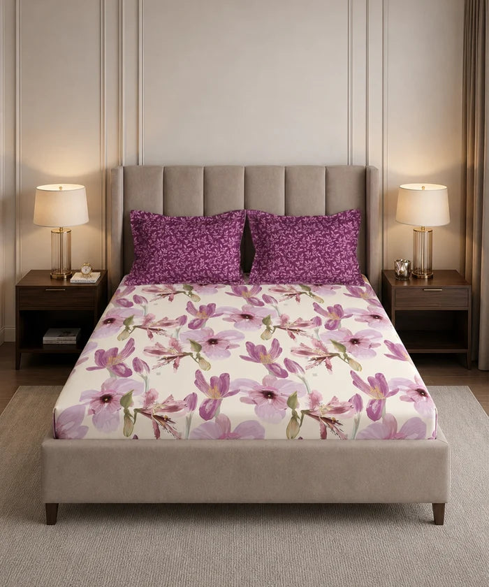 Soft Comfort King Fitted Bedsheet Set, DAHLIA |180 TC Cotton|2 Pillow Covers