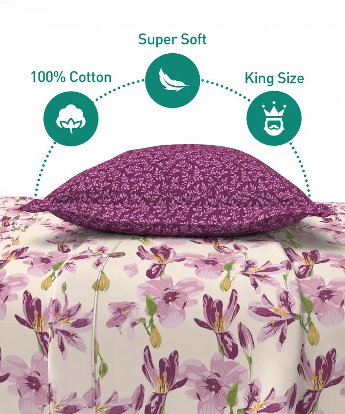 Soft Comfort King Fitted Bedsheet Set, DAHLIA |180 TC Cotton|2 Pillow Covers