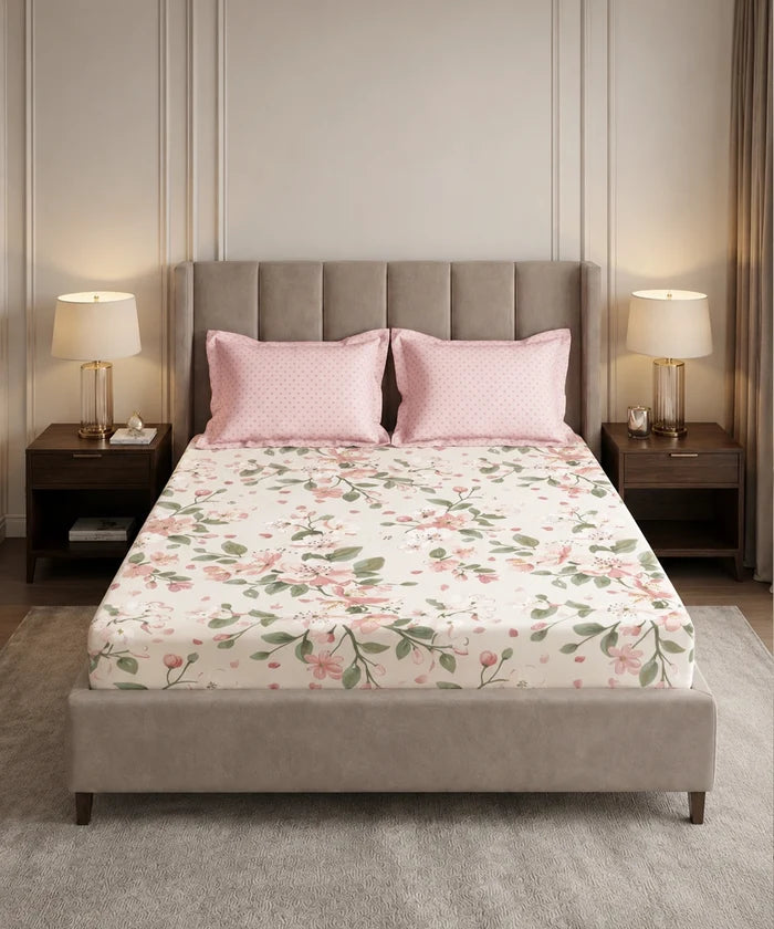 Soft Comfort King Fitted Bedsheet Set, DAISY |180 TC Cotton|2 Pillow Covers