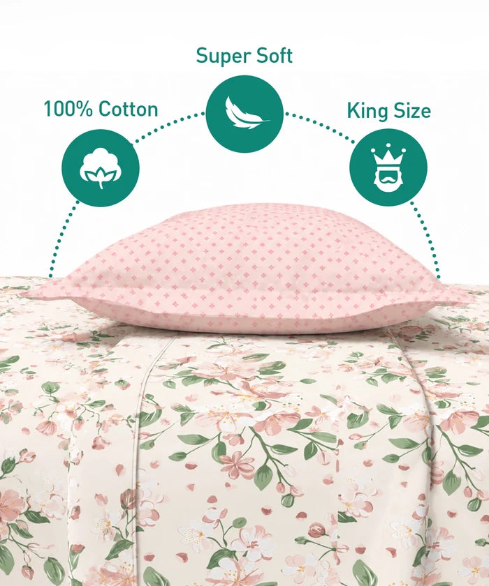 Soft Comfort King Fitted Bedsheet Set, DAISY |180 TC Cotton|2 Pillow Covers