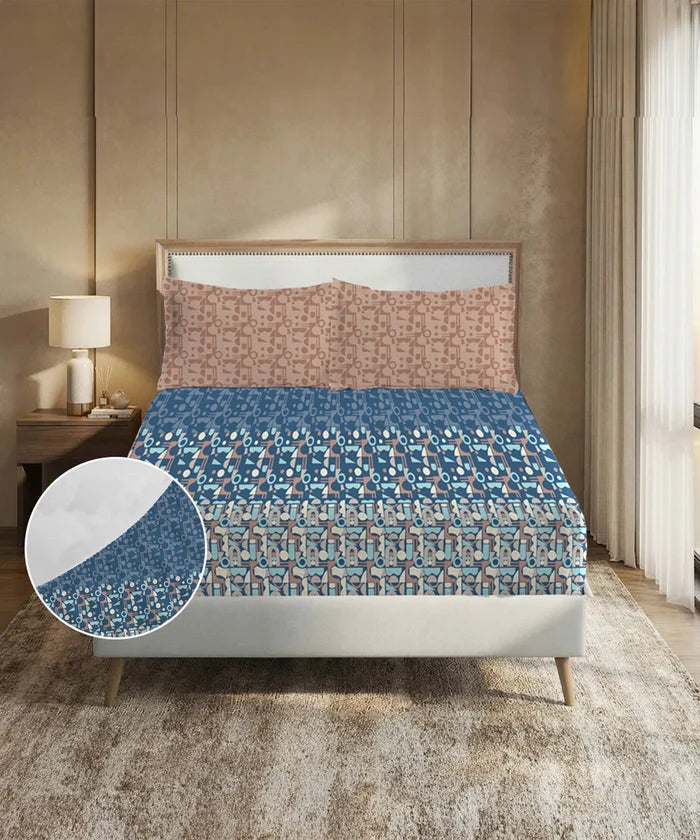 Soft Comfort King Fitted Bedsheet Set, Deco Dusk |200TC Cotton|2 Pillow Covers