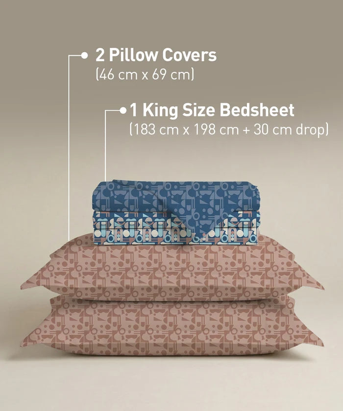 Soft Comfort King Fitted Bedsheet Set, Deco Dusk |200TC Cotton|2 Pillow Covers
