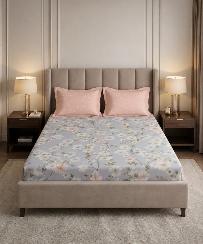 Soft Comfort King Fitted Bedsheet Set, ELYSIN |180 TC Cotton|2 Pillow Covers