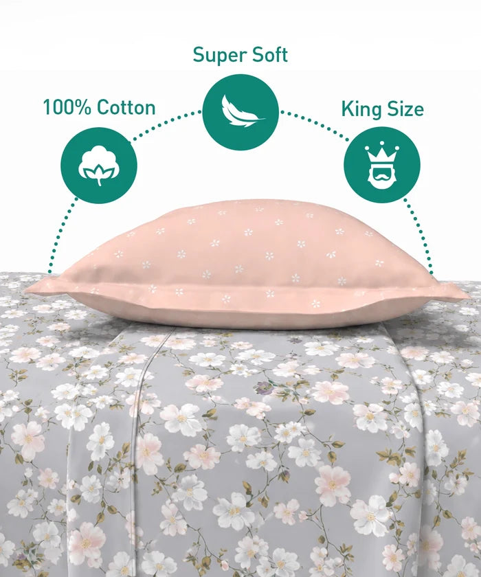 Soft Comfort King Fitted Bedsheet Set, ELYSIN |180 TC Cotton|2 Pillow Covers