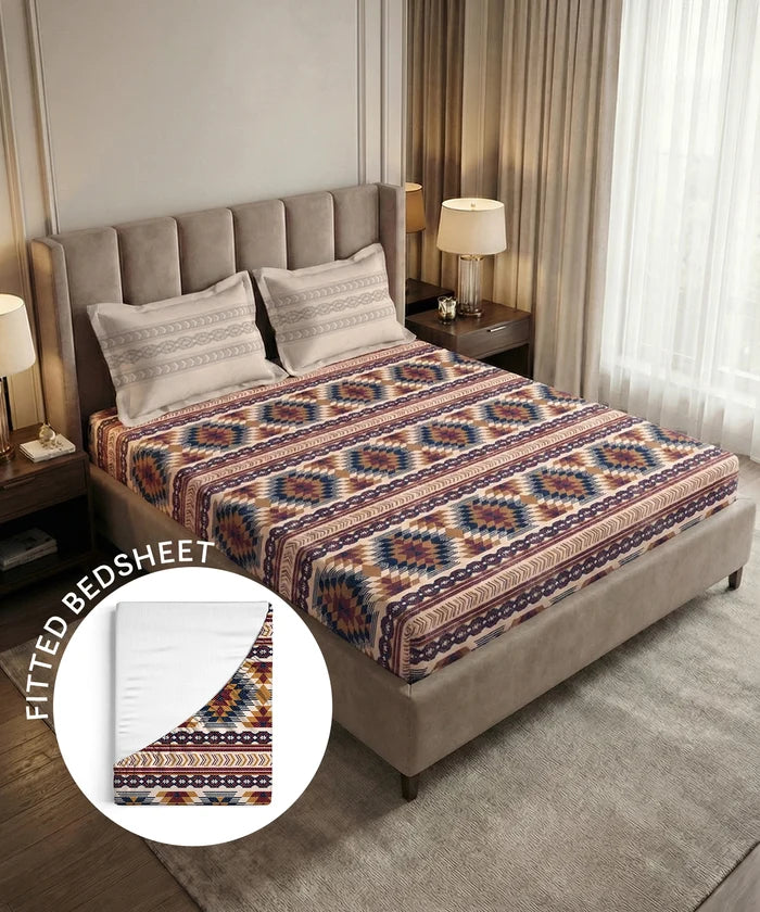 Soft Comfort King Fitted Bedsheet Set, GRACE |180 TC Cotton|2 Pillow Covers
