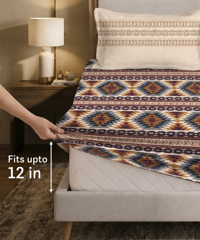 Soft Comfort King Fitted Bedsheet Set, GRACE |180 TC Cotton|2 Pillow Covers