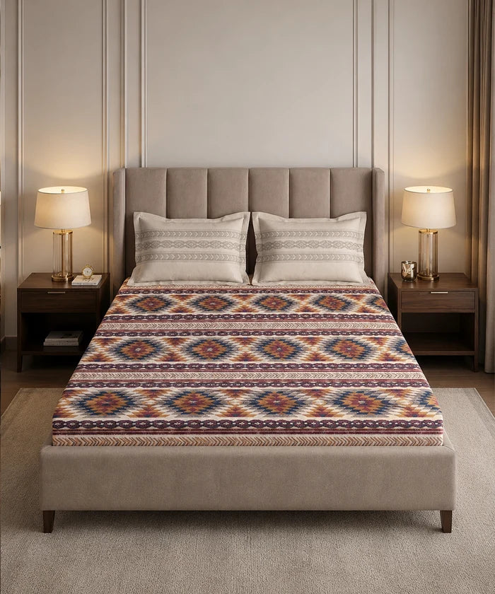 Soft Comfort King Fitted Bedsheet Set, GRACE |180 TC Cotton|2 Pillow Covers