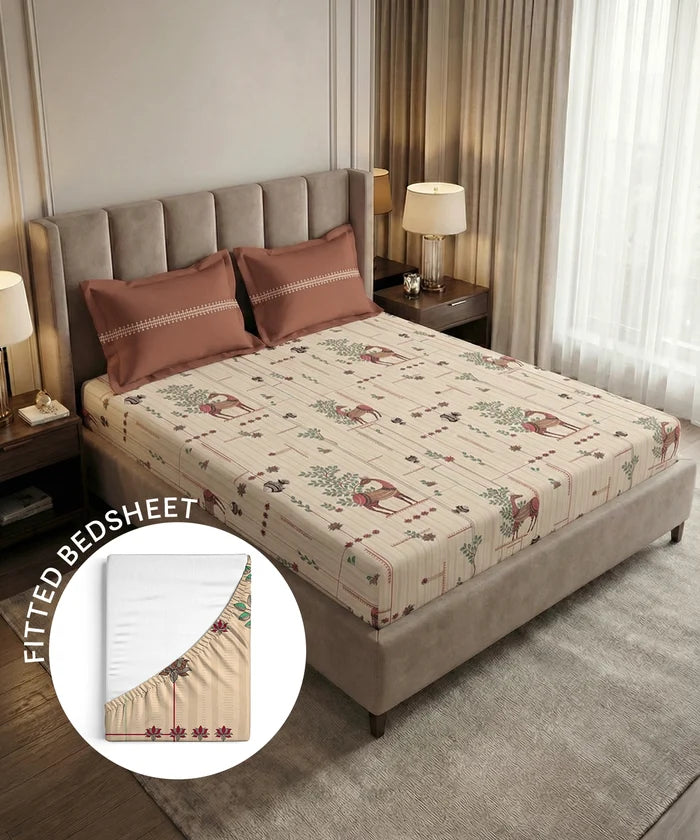 Soft Comfort King Fitted Bedsheet Set, HARINI |180 TC Cotton|2 Pillow Covers