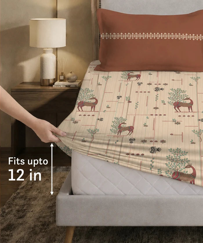 Soft Comfort King Fitted Bedsheet Set, HARINI |180 TC Cotton|2 Pillow Covers