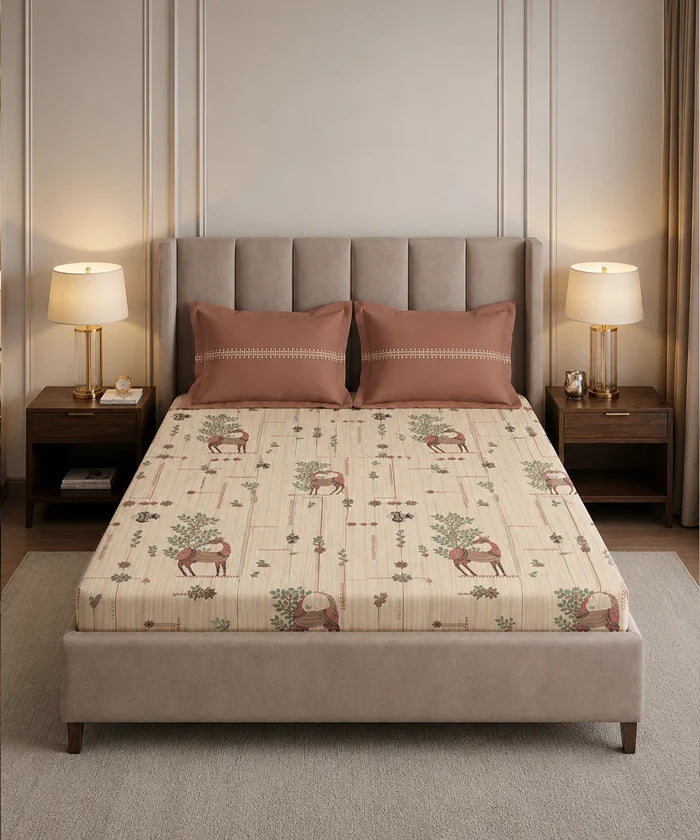 Soft Comfort King Fitted Bedsheet Set, HARINI |180 TC Cotton|2 Pillow Covers
