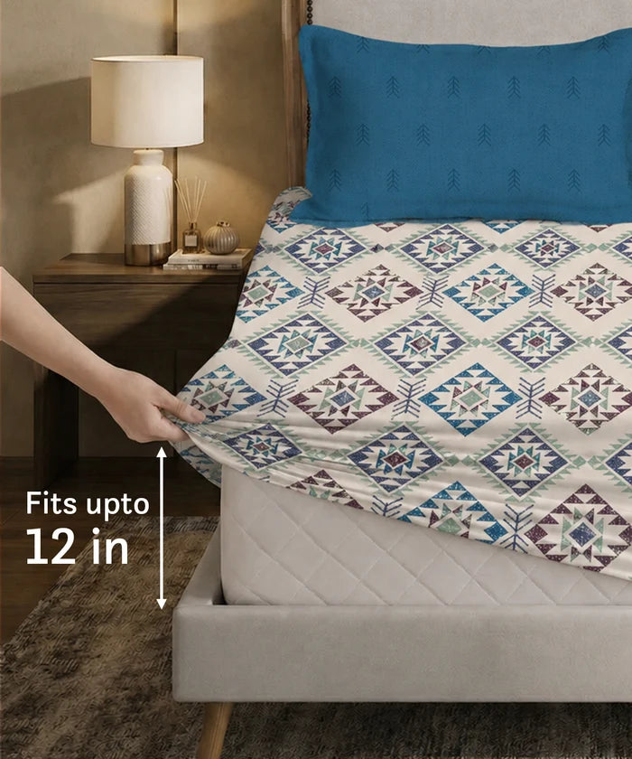 Soft Comfort King Fitted Bedsheet Set, ORNA |180 TC Cotton|2 Pillow Covers