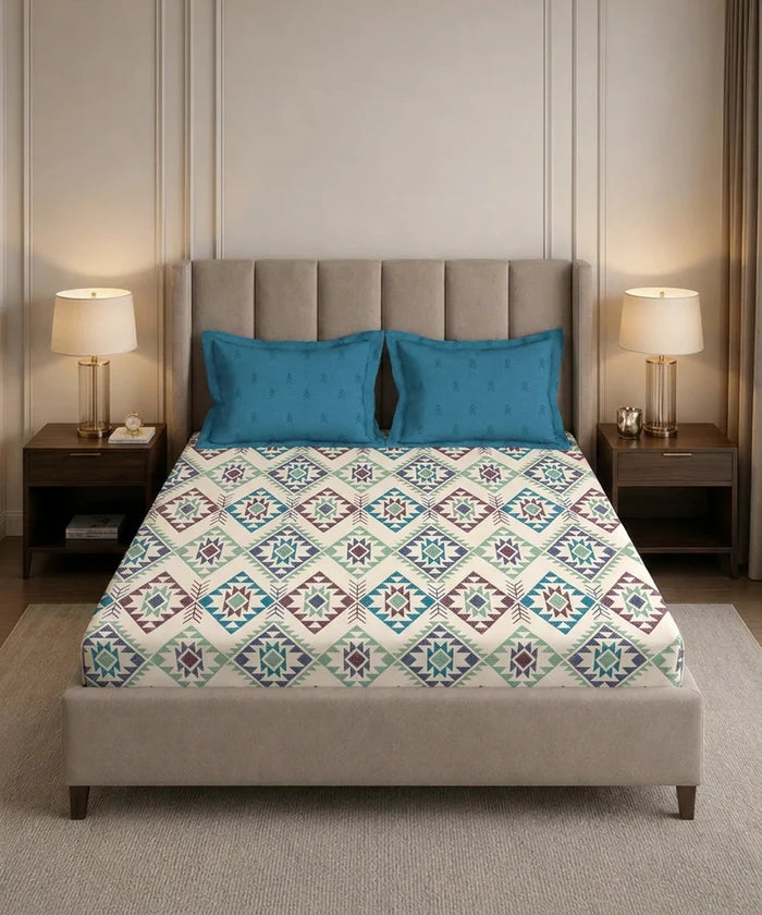 Soft Comfort King Fitted Bedsheet Set, ORNA |180 TC Cotton|2 Pillow Covers