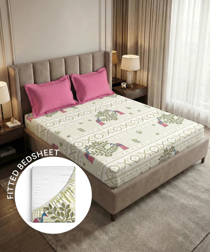 Soft Comfort King Fitted Bedsheet Set, RITVI |180 TC Cotton|2 Pillow Covers