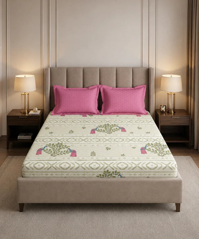 Soft Comfort King Fitted Bedsheet Set, RITVI |180 TC Cotton|2 Pillow Covers