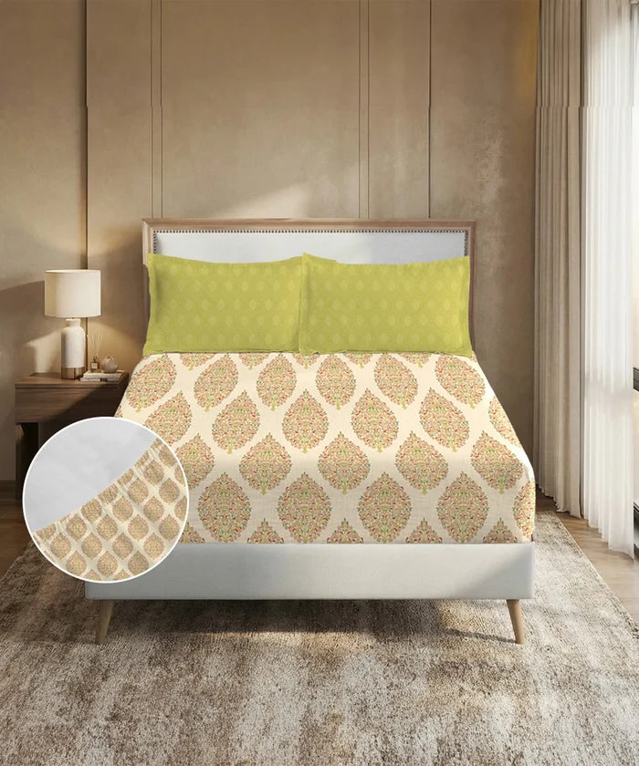 Soft Comfort King Fitted Bedsheet Set, Soft Paisley |200TC Cotton|2 Pillow Covers