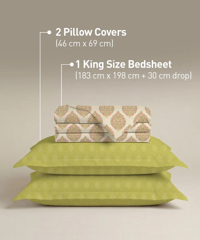 Soft Comfort King Fitted Bedsheet Set, Soft Paisley |200TC Cotton|2 Pillow Covers