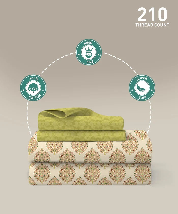 Soft Comfort King Fitted Bedsheet Set, Soft Paisley |200TC Cotton|2 Pillow Covers