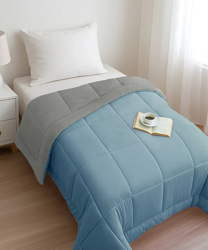 Soft Comfort Solid Single AC Comforter, Blue Fog|200 GSM Micro Polyester|Reversible