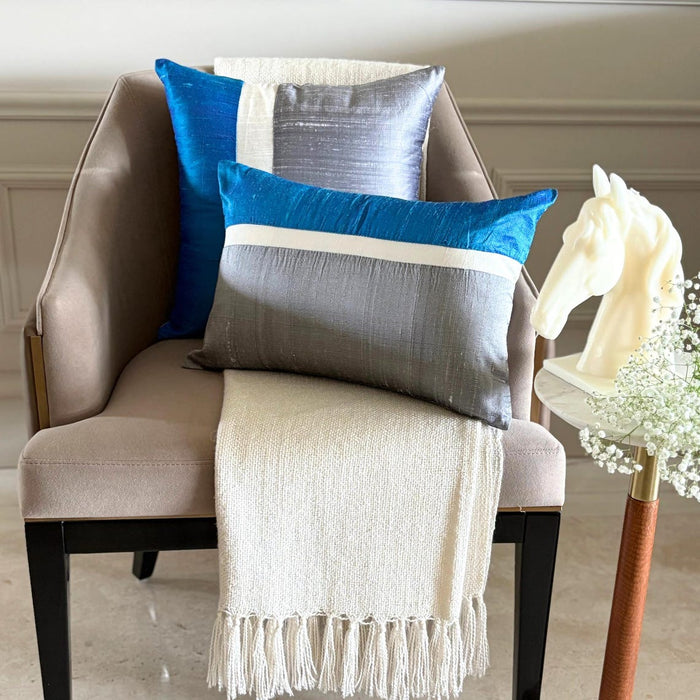 Splendour Blue - Blue & Grey Silk Throw Pillow Cover