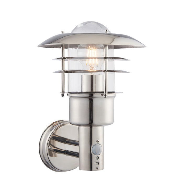 stainless steel external wall light with PIR sensor on a white background
