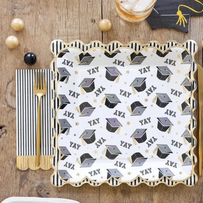 Striped Scalloped Paper Plates – Graduation Party Pack (8pcs) - Josi James - 11 Inch Plate