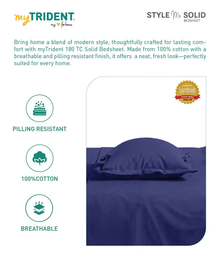 Style me Solid King Bedsheet, Navy |180 TC Cotton|2 Pillow Covers|Solid