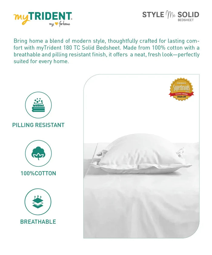 Style me Solid King Bedsheet, White |180 TC Cotton|2 Pillow Covers|Solid