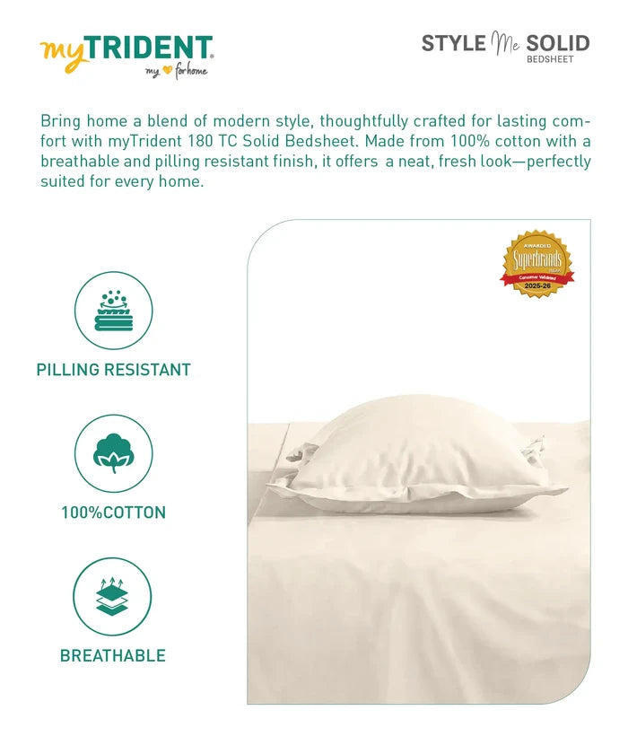 Style me Solid King Fitted Bedsheet, Cream|180 TC Cotton|2 Pillow Covers|Solid
