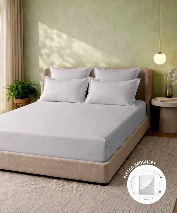 Style me Solid King Fitted Bedsheet, Grey |180 TC Cotton|2 Pillow Covers|Solid