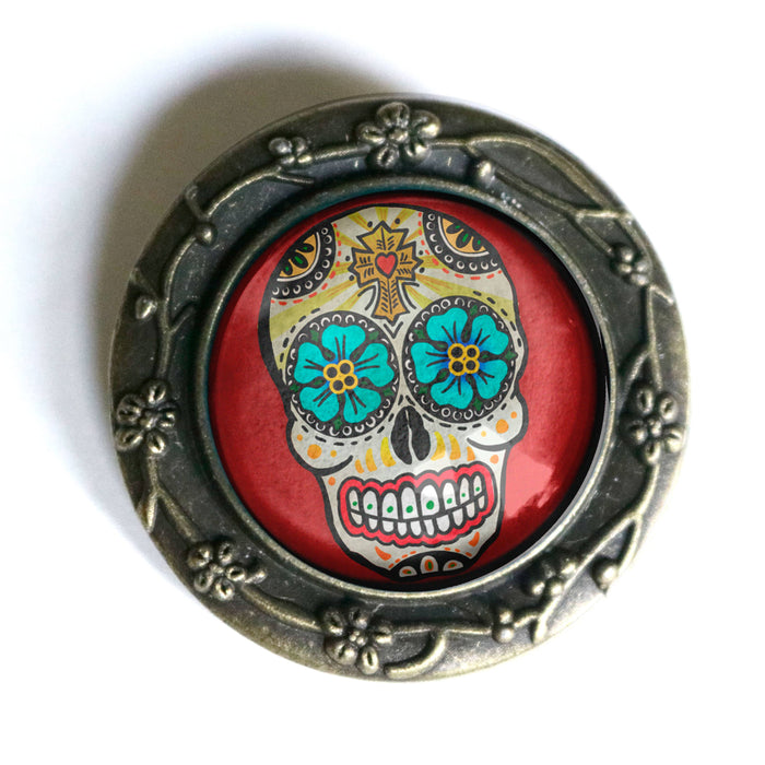 Sugar Skull with Blue Eyes Brooch, Handmade in Detroit