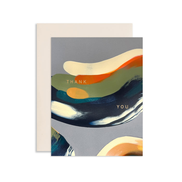 Thank You handmade artisanal greeting card with neutral colourful paint swirls and an envelope on a white background