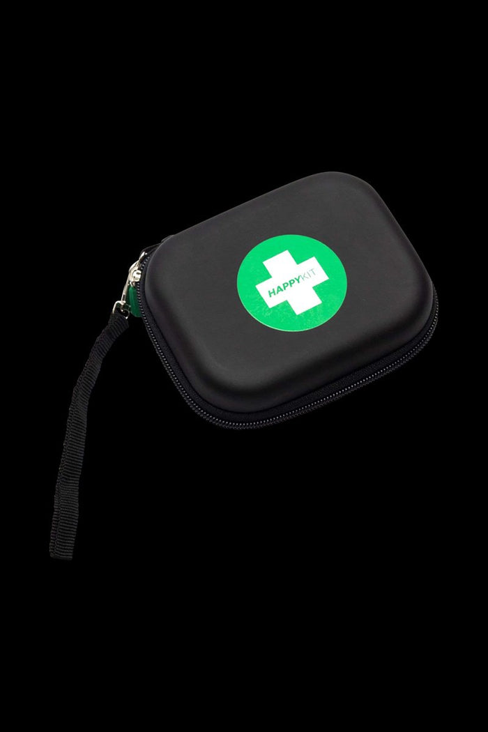 Black cannabis storage case with a green cross logo and zipper closure.
