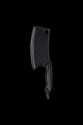 Top-down view of the black THGC EX II Mini Chopping Knife with Cover centered on a black background, showing its cleaver blade, finger-curved handle, and hanging ring.