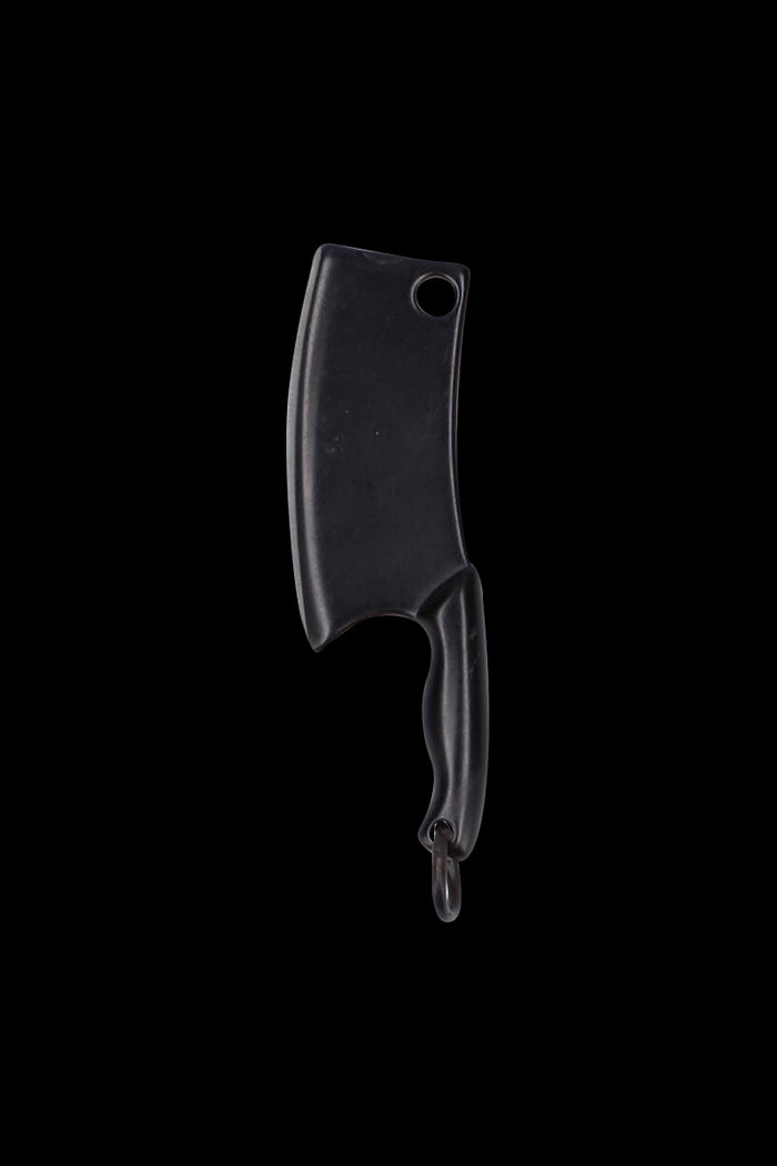 Top-down view of the black THGC EX II Mini Chopping Knife with Cover centered on a black background, showing its cleaver blade, finger-curved handle, and hanging ring.