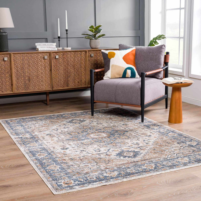 Traditional Heriz Charcoal, Ivory and Camel Medallion Washable area Rug - The Rug Decor