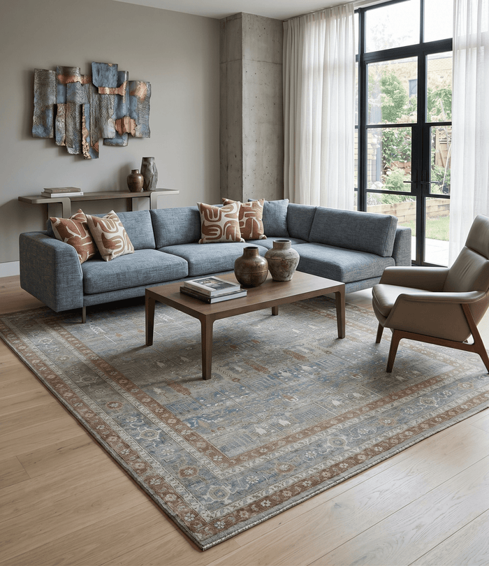 Tree of life Antique Distressed Finished Gray, Silver and Rust Low Pile Multi Size wool Area Rug - The Rug Decor