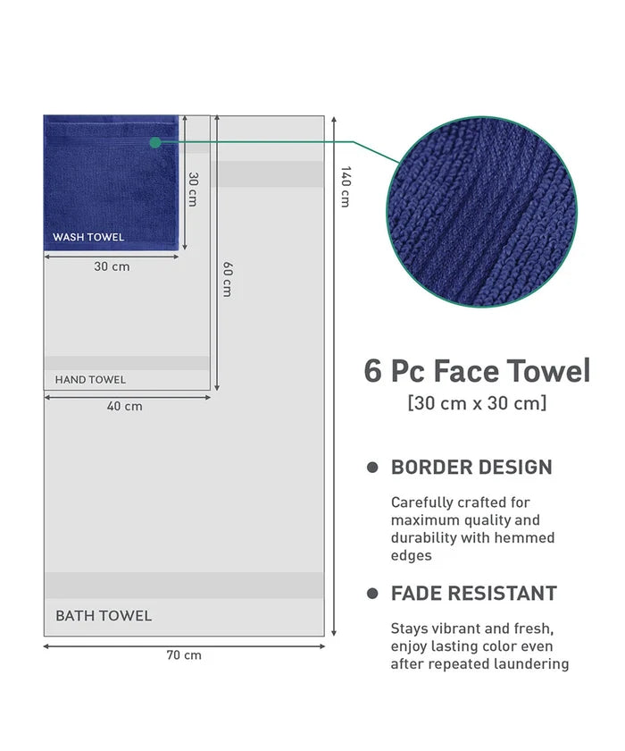 Urban Comfort  6Pc Face Towel Set, New Navy| 450 GSM | 100% Cotton