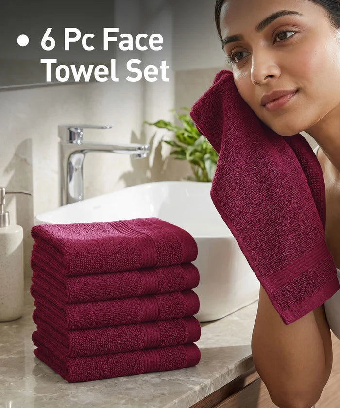 Urban Comfort  6Pc Face Towel Set, Wine Red| 450 GSM | 100% Cotton