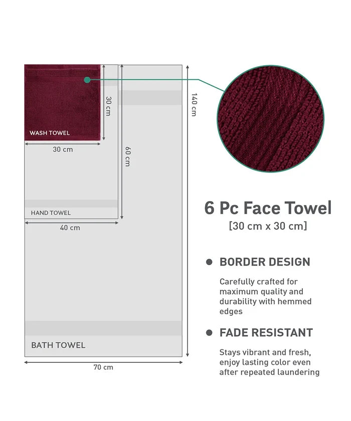 Urban Comfort  6Pc Face Towel Set, Wine Red| 450 GSM | 100% Cotton