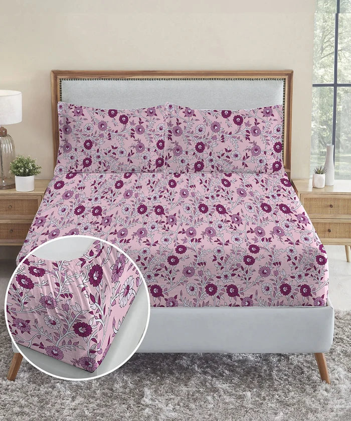 Urban Comfort King Fitted Bedsheet Set, Desert Gardern Pink|144 TC Cotton| 2 Pillow Covers