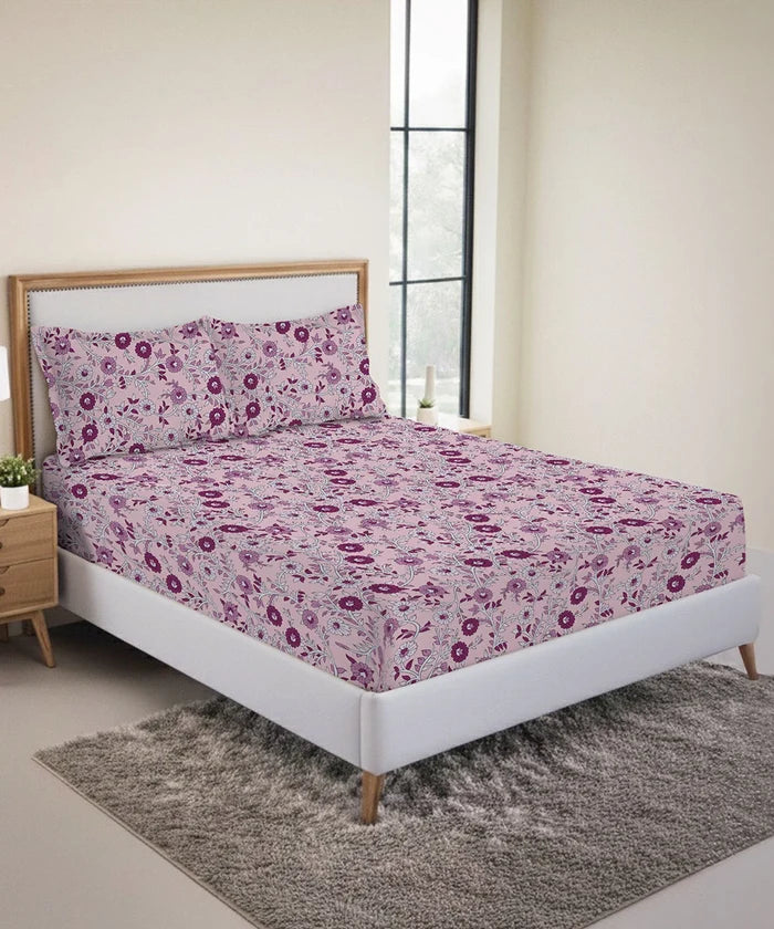 Urban Comfort King Fitted Bedsheet Set, Desert Gardern Pink|144 TC Cotton| 2 Pillow Covers