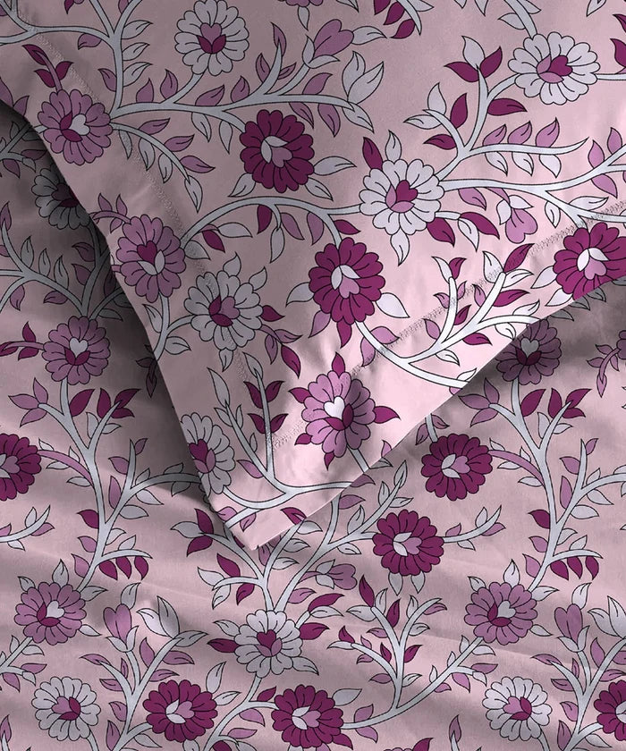 Urban Comfort King Fitted Bedsheet Set, Desert Gardern Pink|144 TC Cotton| 2 Pillow Covers