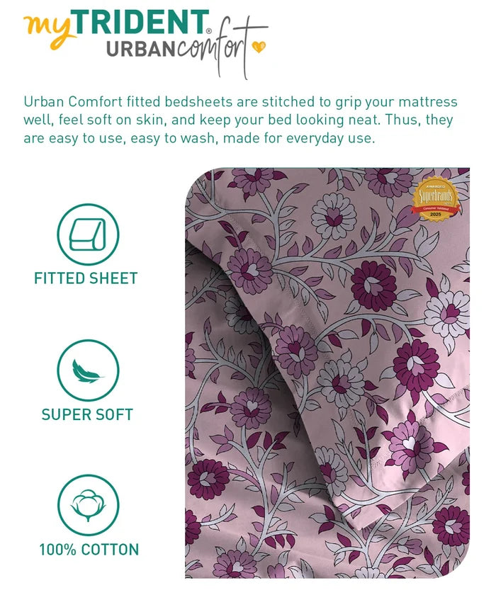 Urban Comfort King Fitted Bedsheet Set, Desert Gardern Pink|144 TC Cotton| 2 Pillow Covers